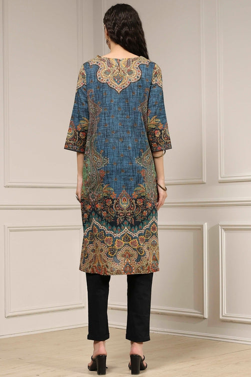 Blue Cotton Printed Straight Kurta