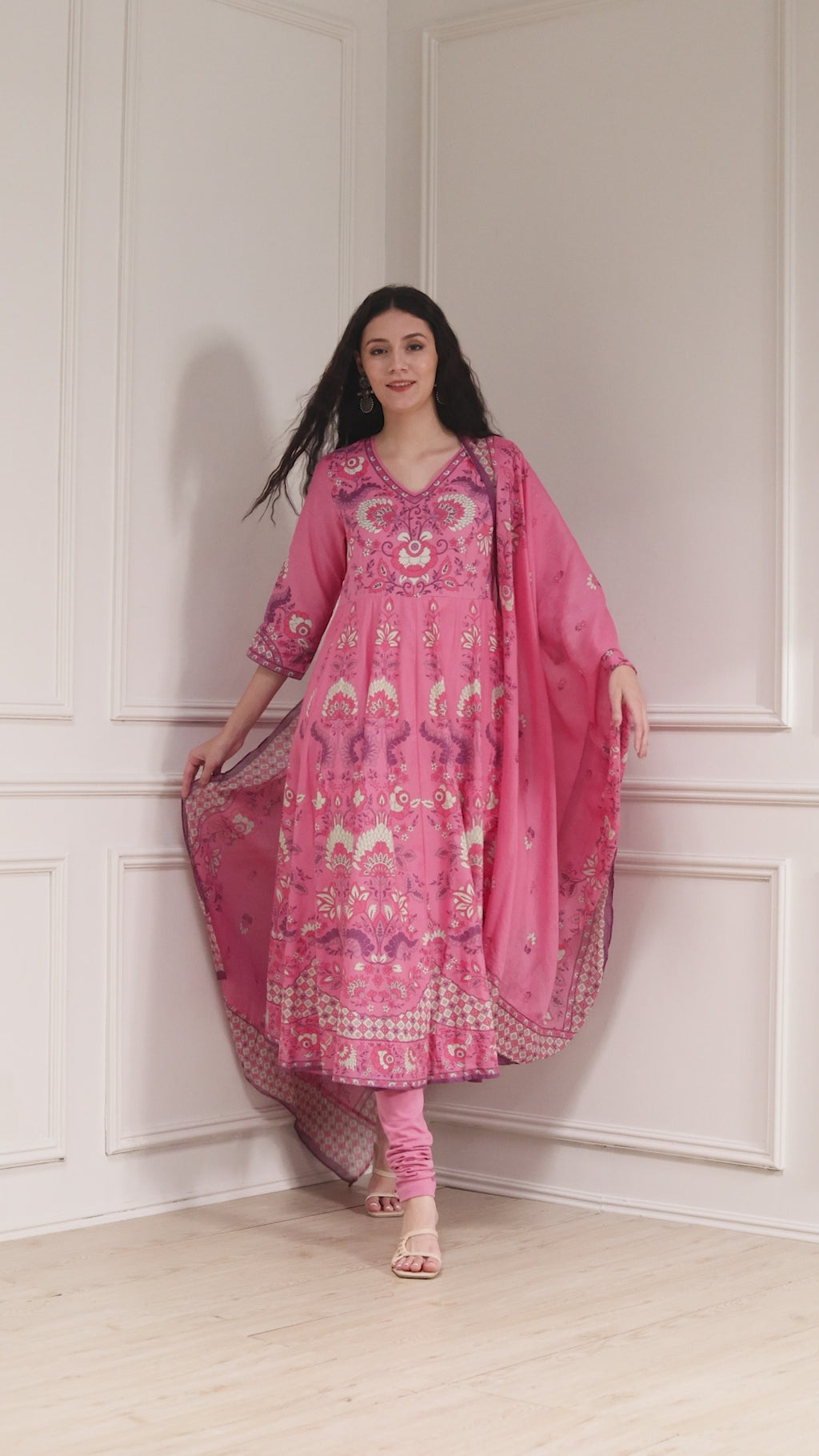 Light Pink Cotton Printed Anarkali Suit Set