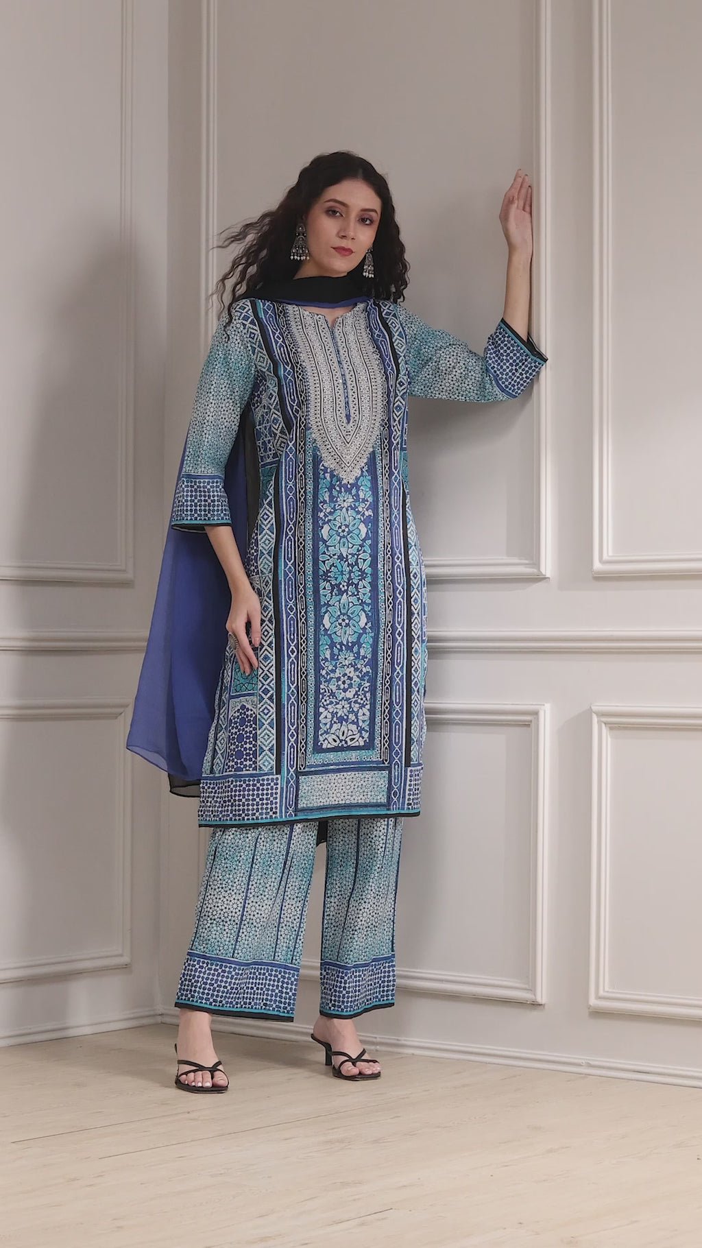 Blue Cotton Printed Straight Suit Set