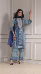 Blue Cotton Printed Straight Suit Set