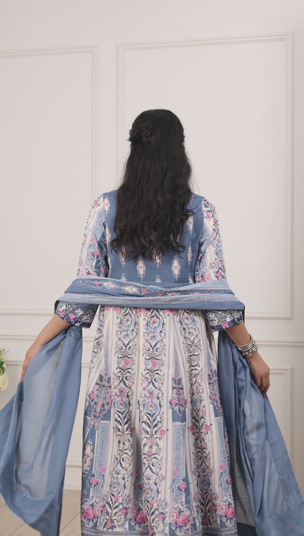 Blue Cotton Floral Printed Anarkali Suit Set