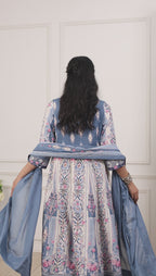 Blue Cotton Floral Printed Anarkali Suit Set