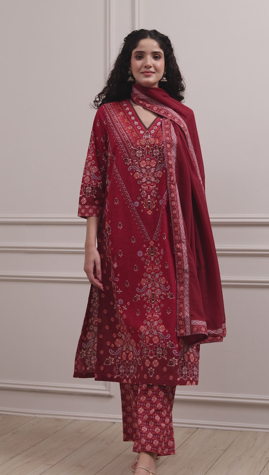 Red Cotton Printed Straight Suit Set