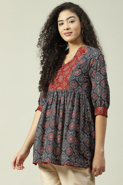 Blue Cotton Flared Printed Short Kurti