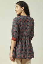 Blue Cotton Flared Printed Short Kurti