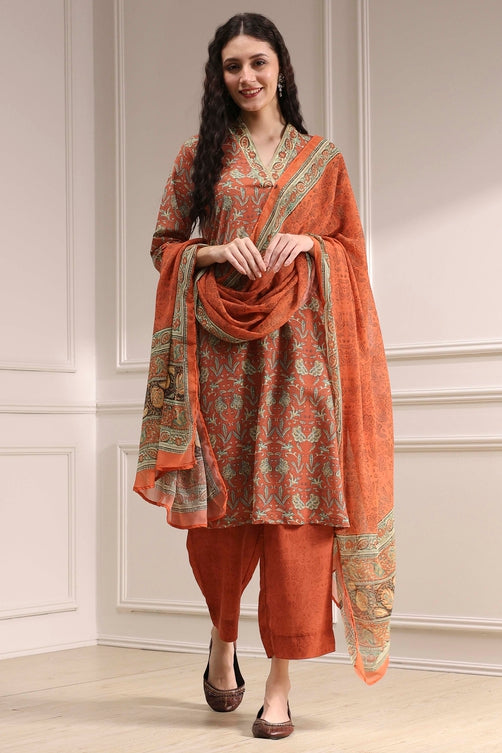 Rust Printed Straight Suit Set