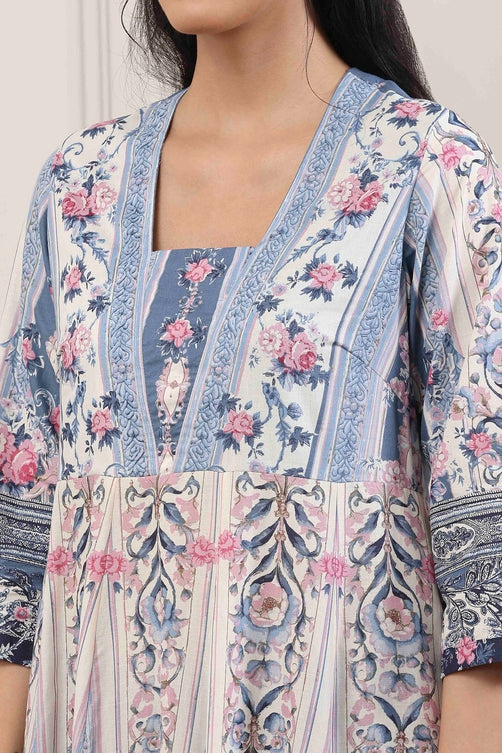 Blue Cotton Floral Printed Anarkali Suit Set