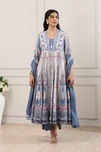 Blue Cotton Floral Printed Anarkali Suit Set