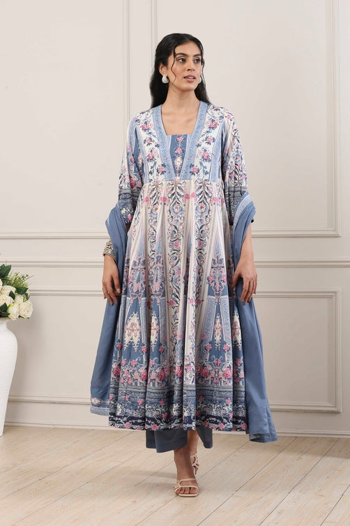 Blue Cotton Floral Printed Anarkali Suit Set