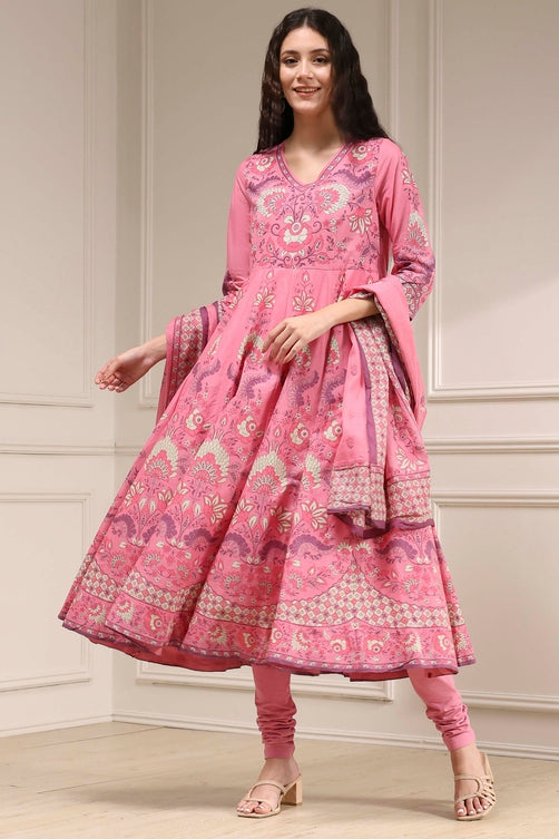 Light Pink Cotton Printed Anarkali Suit Set