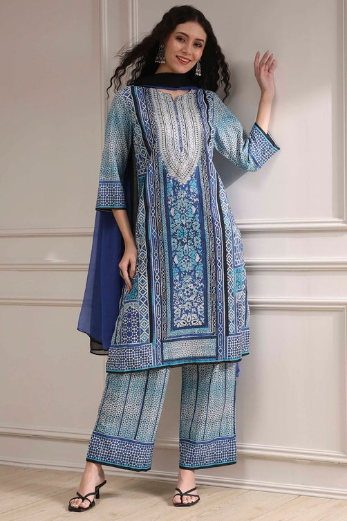 Blue Cotton Printed Straight Suit Set
