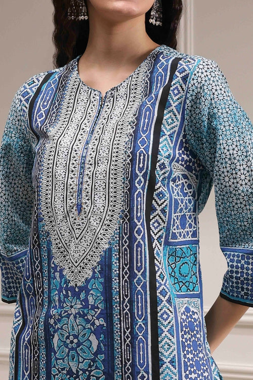 Blue Cotton Printed Straight Suit Set