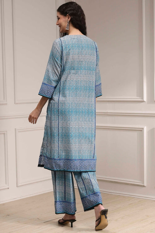 Blue Cotton Printed Straight Suit Set