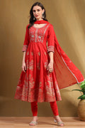 Red Floral Printed Festive Anarkali Suit Set