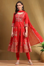 Red Floral Printed Festive Anarkali Suit Set
