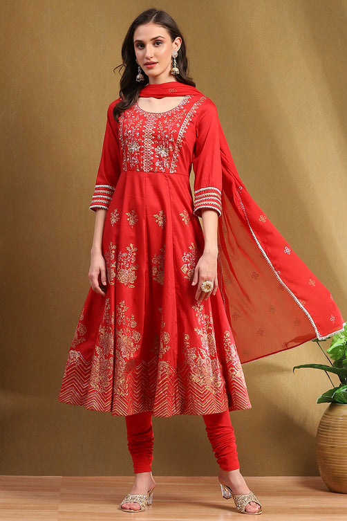 Red Floral Printed Festive Anarkali Suit Set