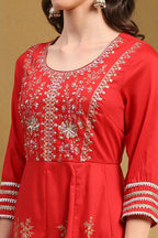Red Floral Printed Festive Anarkali Suit Set