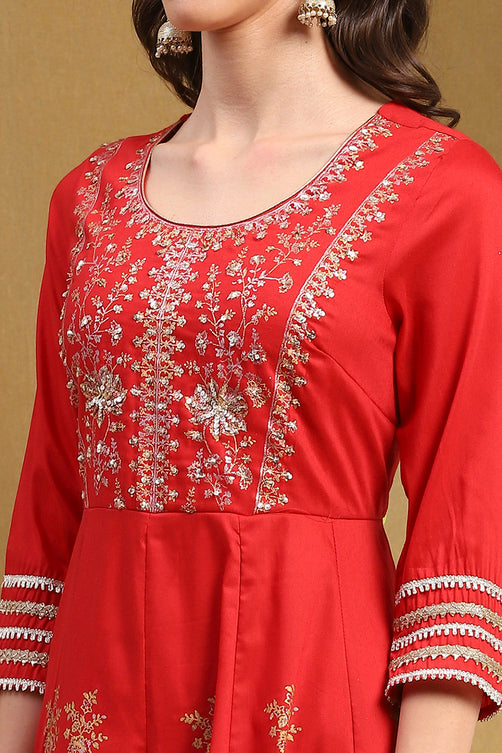 Red Floral Printed Festive Anarkali Suit Set