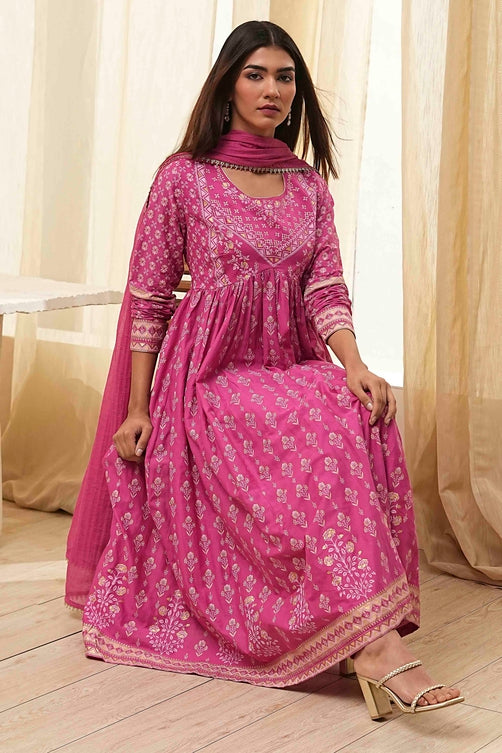 Onion Pink Cotton Printed Anarkali Suit Set