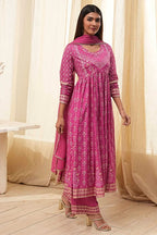 Onion Pink Cotton Printed Anarkali Suit Set