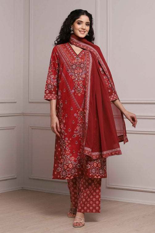 Red Cotton Printed Straight Suit Set