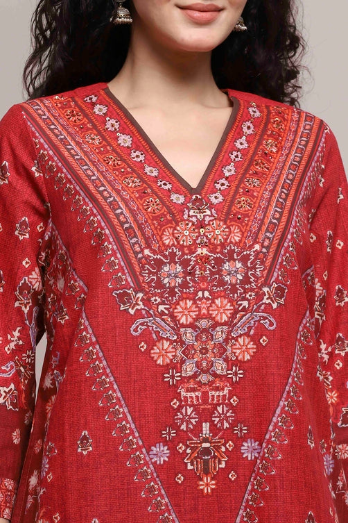 Red Cotton Printed Straight Suit Set