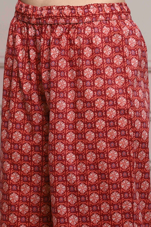 Red Cotton Printed Straight Suit Set